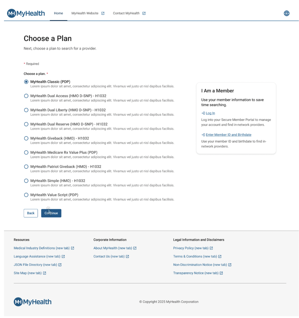 Prototype plan selection page